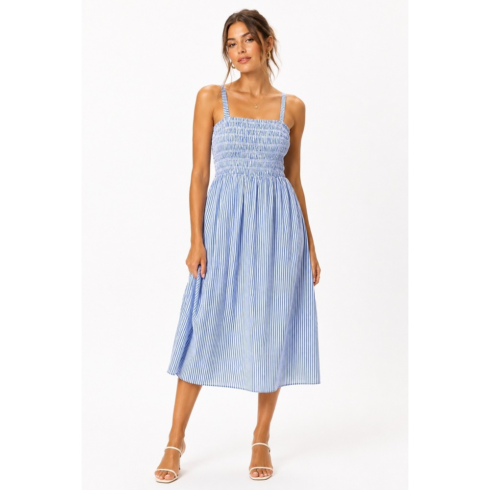 Market & Spruce Alana Poplin Dress Light Blue White Stripe Smocked Midi Medium